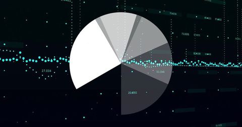 Donut chart crossing teal scatter trend line on dark data dashboard with numeric labels