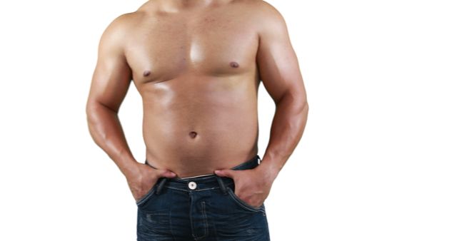 Man with toned, muscular upper body wearing blue jeans and posing with hands in pockets against white background. Can be used in fitness promotions, body positivity campaigns, casual lifestyle illustrations, or advertisements related to men's fashion and health.