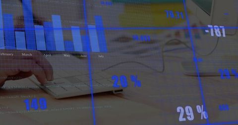 Left hand typing on keyboard with blue analytics overlay showing charts and percentages