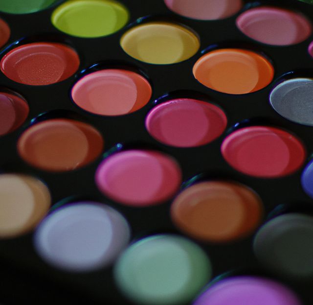 Close-up of a makeup palette featuring a variety of vibrant and bright colors. Ideal for fashion and beauty articles, blogs and advertisements focusing on cosmetics. Useful for marketing beauty products and illustrating the tools of a makeup artist.