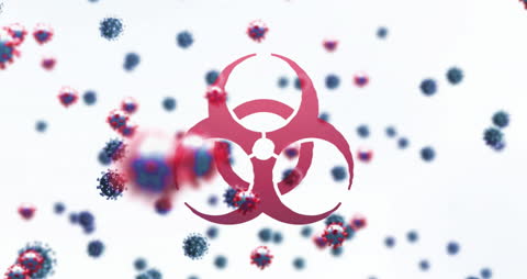 Biohazard Symbol with Floating Coronavirus Cells