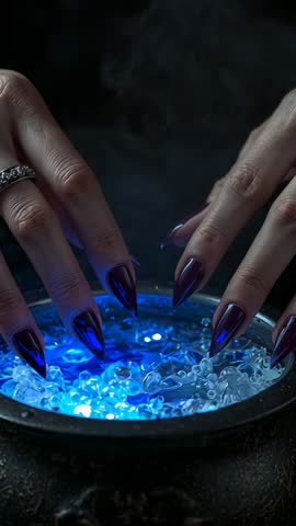 Mystic Hands Hovering Over Glowing Blue Cauldron Stirring Enchanted Crystals Vertical