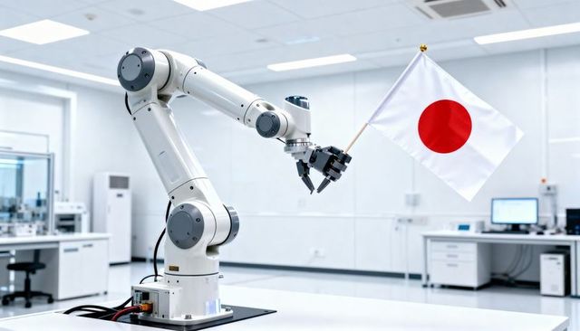 Precision robotic arm holding Japan flag in advanced laboratory, automation and AI research