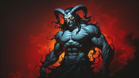 Mythical satan sinister pose with fiery backdrop