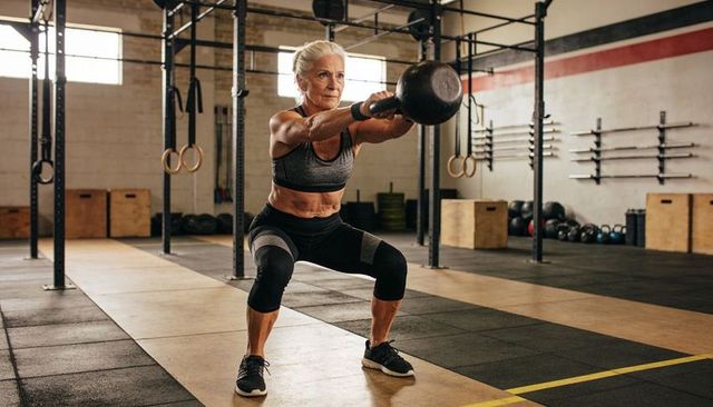 Senior woman performing kettlebell squat in gym strength training for active aging