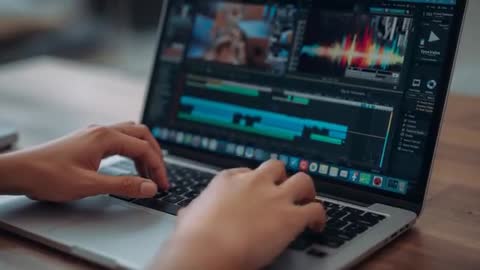 Editing Video Timeline and Reviewing Audio Waveforms on Laptop Hands Scrubbing Playback
