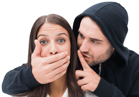 Surprised woman's mouth covered by mysterious man on transparent background