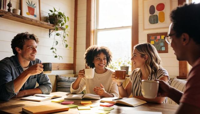 Cozy sunlit collaboration: peers sharing coffee, notebooks and colorful sticky notes