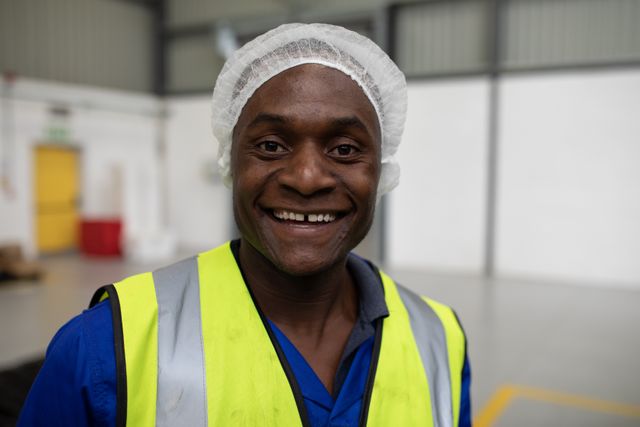 Portrait close up of an African American male worker in a factory workshop, wearing a hair net, a high visability vest and blue overalls, looking to camera and smiling