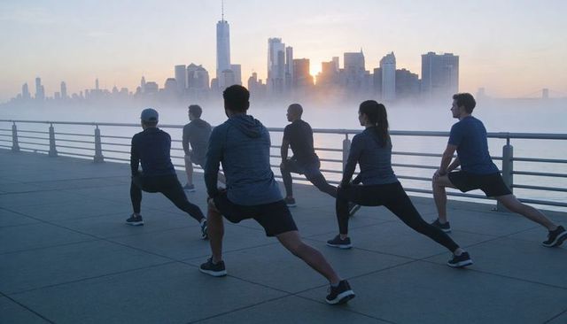 Group stretching at sunrise on waterfront pier with city skyline