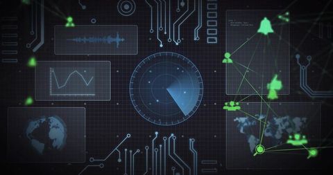 Cyber Radar HUD Interface with Network Graph, Data Visualization and Circuitry Grid