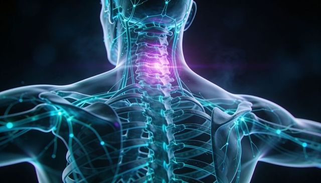 Translucent Torso Highlighting Cervical Spine and Neural Network with Glowing Nerve Signals