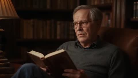Senior Man Reading in Leather Armchair Lifting Gaze After Hearing Sound in Library