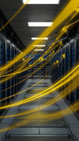 Streaming Golden Light Ribbons Through Futuristic Server Corridor | Vertical Tech Video