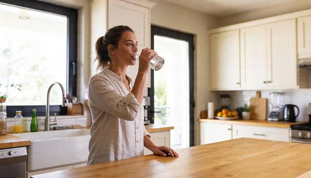 Woman drinking water at bright farmhouse kitchen island wearing linen shirt