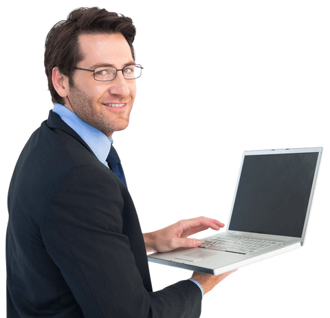 Transparent Businessman Smiling While Using Laptop - Download Free Stock Videos Pikwizard.com