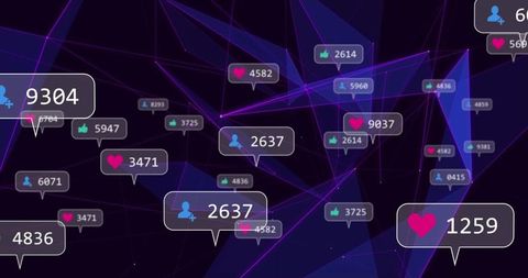 Floating social media notification network with neon counters and analytics overlay