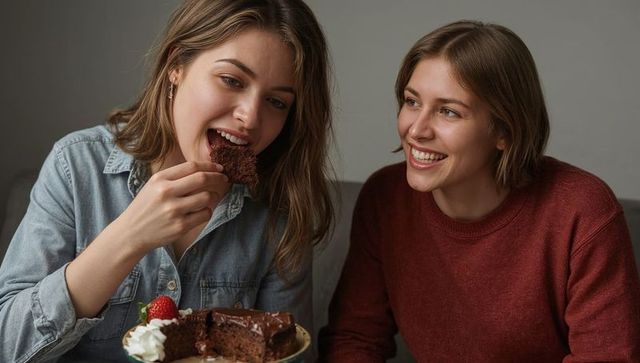 Female friends sharing chocolate cake on sofa, laughing and enjoying cozy indoor moment