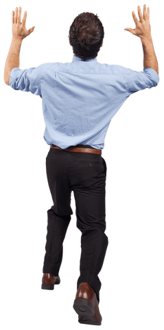 Transparent businessman lifting arms enthusiastically on white
