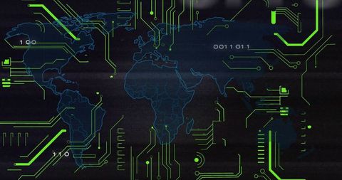 Futuristic Wireframe World Map with Neon Green Circuits