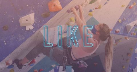 Woman Rock Climber in Gym with Neon Social Media Overlay