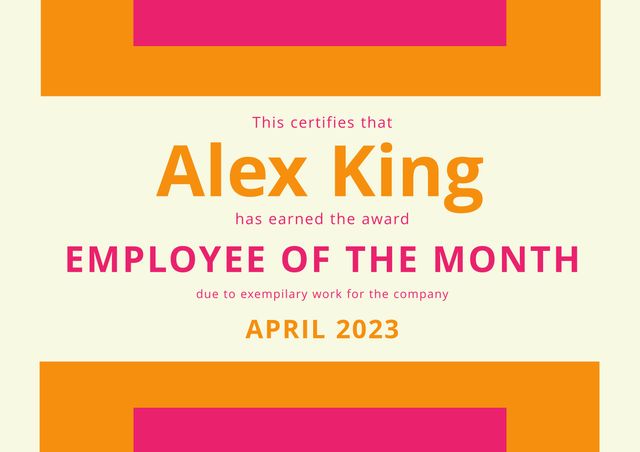 Employee of the Month certificate featuring a strong pink and orange color scheme. This template is ideal for companies wanting to recognize and motivate their staff for exceptional performance. The vibrant design draws attention to the recipient's achievements and enhances workplace morale when displayed in offices or given during company events.