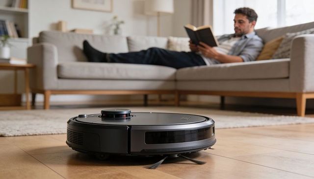 Matte black robot vacuum gliding on hardwood floor while man reading on sofa in cozy living room