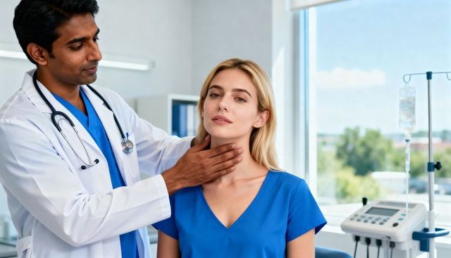 Physician palpating patient neck during clinical examination with stethoscope and iv pump