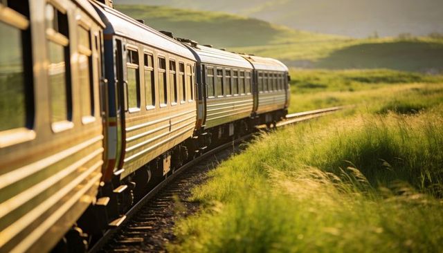 Sunlit passenger train curving through rural meadow and rolling hills at golden hour
