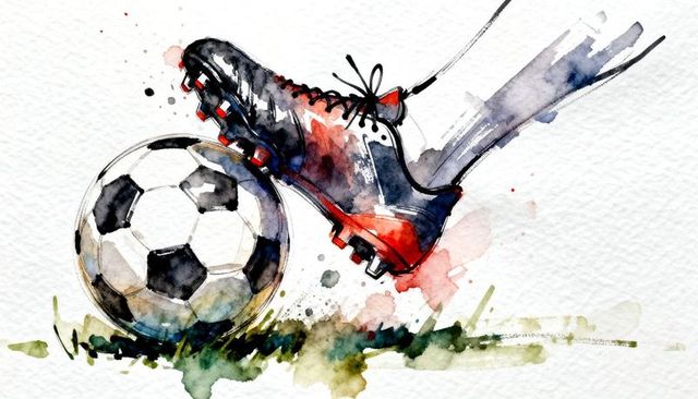 Watercolor soccer cleat kicking classic black-and-white ball with vibrant paint splatter