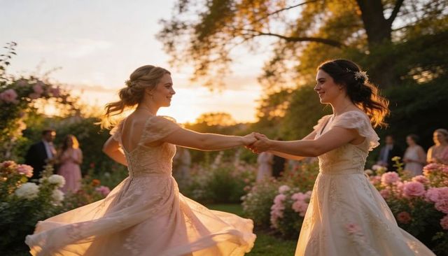 Two brides spinning hand-in-hand in rose garden during golden hour wedding celebration