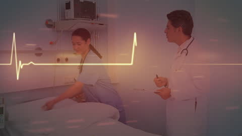 Healthcare Professionals in Hospital Room with EKG Line Effect