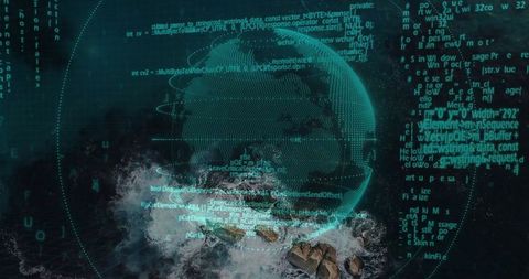 Futuristic globe hologram over ocean with digital code streams