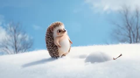 Animated hedgehog nudging snowball on snowy hill under bright blue winter sky