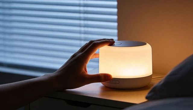 Hand touching warm bedside lamp creating cozy nighttime ambience in minimalist bedroom