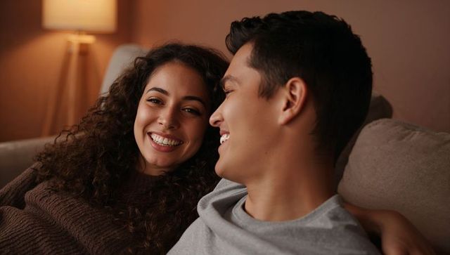 Smiling couple cuddling on sofa under warm lamp light, cozy evening romance and comfort
