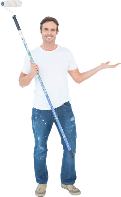 Smiling Man Gesturing with Paint Roller on Transparent Background - Download Free Stock Videos Pikwizard.com