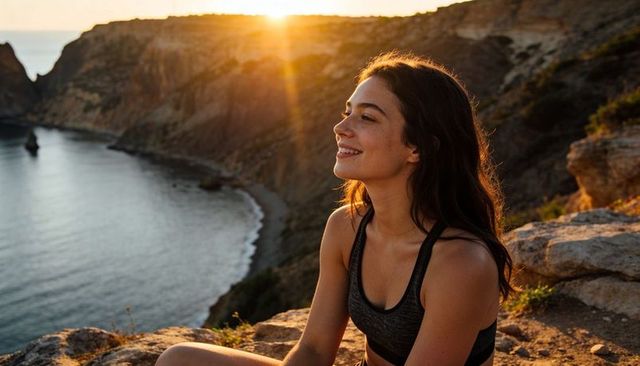 Golden-hour cliffside wellness: woman smiling and gazing over calm coastal bay