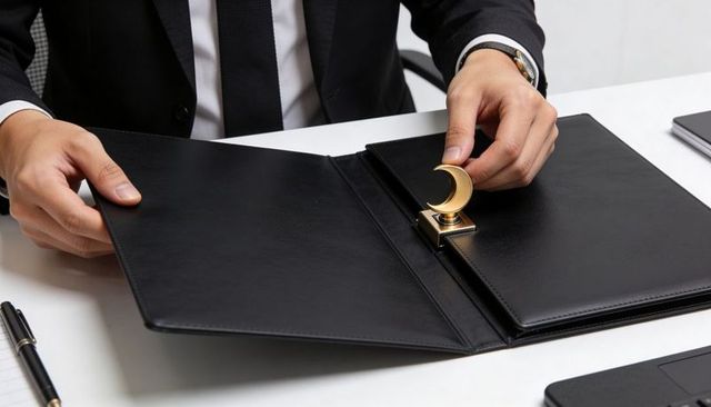 Executive placing gold crescent seal on black leather portfolio in modern office