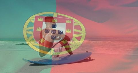 Surfer sitting on beach with portugal flag overlay