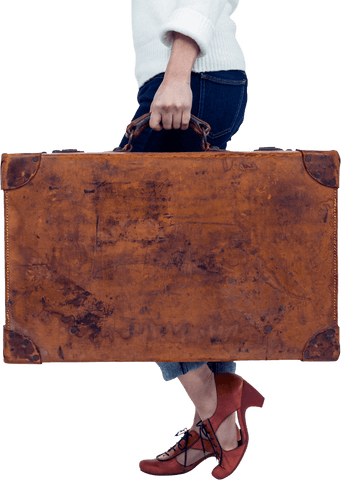 Woman Holding Vintage Luggage in Transparent Background