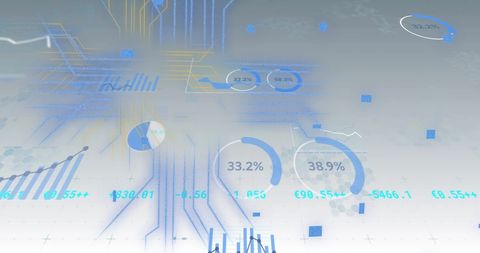 Complex patterns and vibrant graphs represent financial data and statistics over a dynamic abstract background. Useful for presentations on finance, business analytics, technical briefs, and economic studies, this visual captures the essence of high-tech data interpretation and future economic trends.
