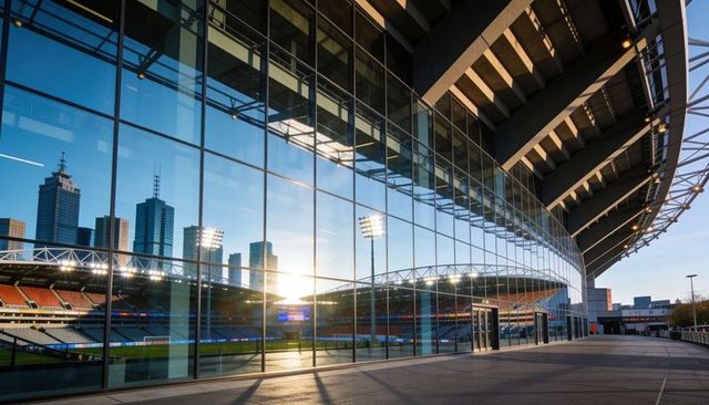 Curved glass facade reflecting stadium seating and urban skyline at golden hour with floodlights