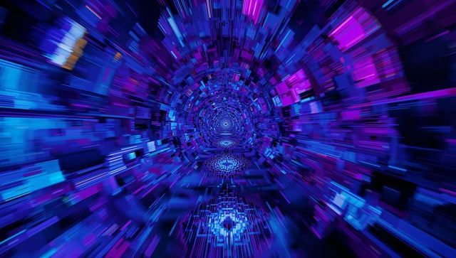 Futuristic digital tunnel with glowing blocks and streaks