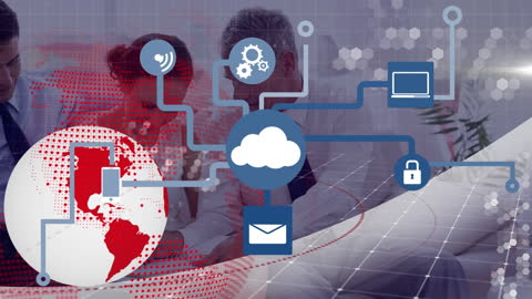 Global Network Connections with Technology Icons Overlay