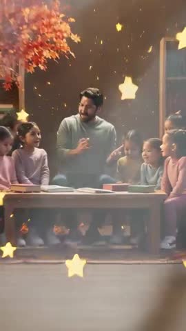 Volunteer Teacher Clapping Teaching Storytelling to Five Children at Low Table in Autumn