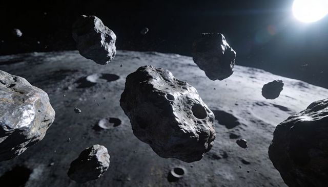 Asteroid drifting above lunar surface casting deep shadows with sun glare and regolith