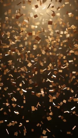 Gold confetti drifting and swirling in warm studio light for luxury celebration