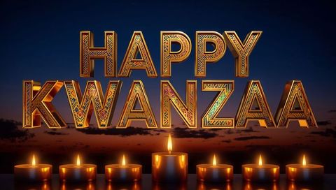 Glowing ornate happy kwanzaa letters casting warm glow on glossy stage with seven candles