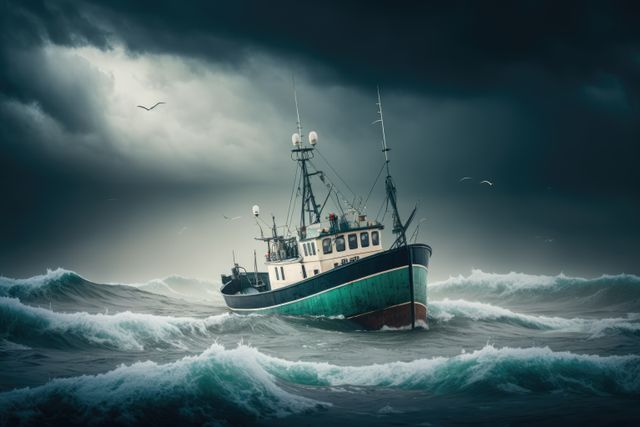 Image of fish cutter on sea and seagulls over dark clouds, created using generative ai technology. Transport, travel and boat, digitally generated image.